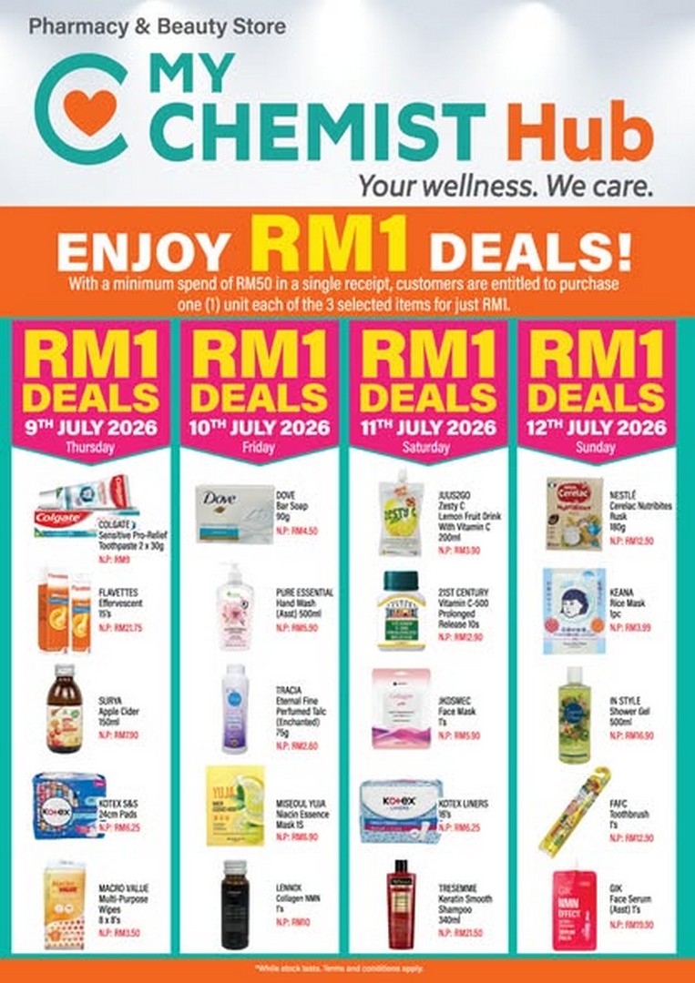 1 9-12 July 2026: MY Chemist Hub Sunway d'Hill Residences Kota Damansara Grand Opening Promotion – Free RM8 Welcome Voucher, RM1 Deals & Free Health Check Event