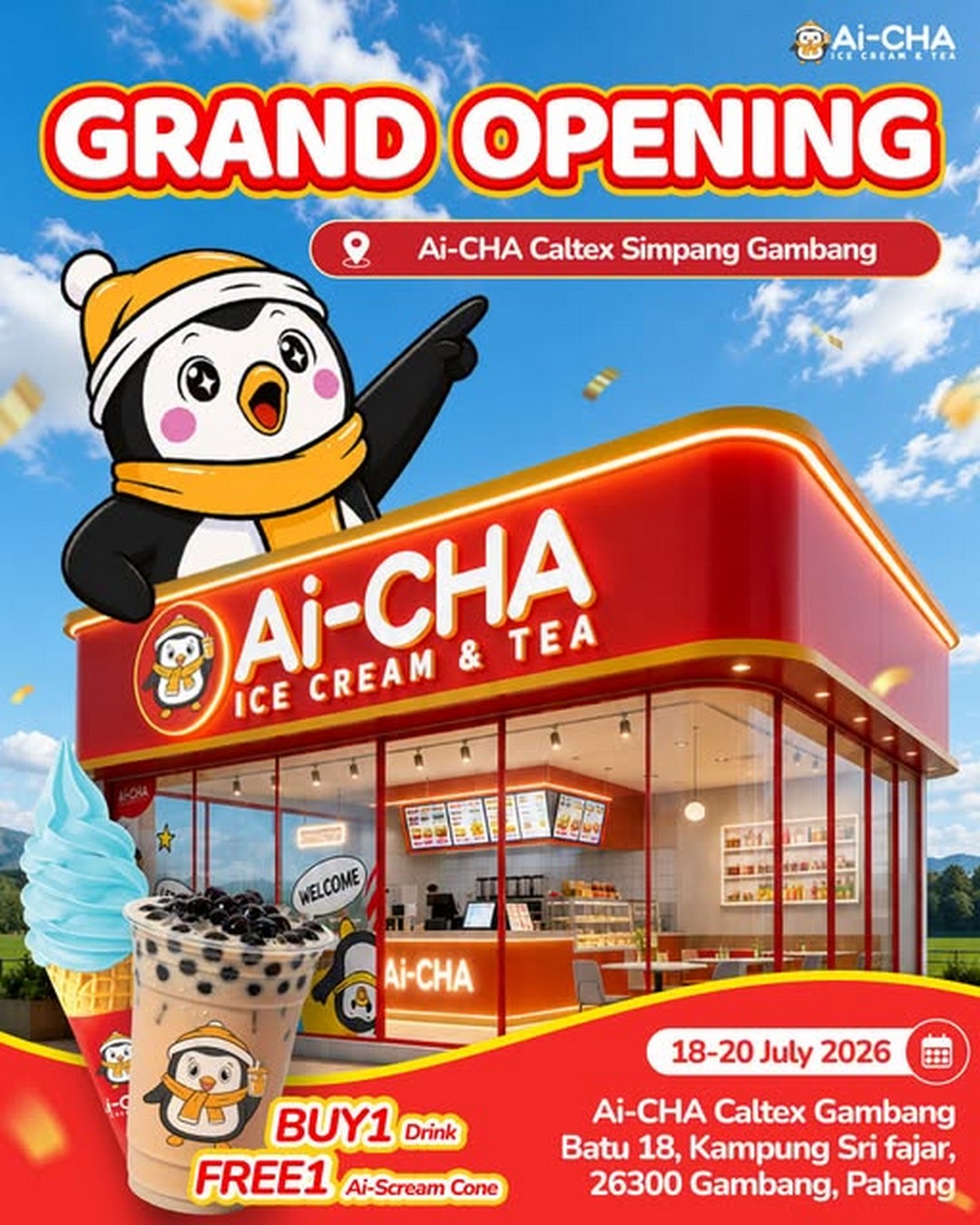 Ai-CHA-Malaysia-Grand-Opening-Promotion 18–20 July 2026: Ai-CHA Malaysia Grand Opening Promotion at Caltex Simpang Gambang – Free Ice Cream Cone with Every Drink Purchase in Pahang