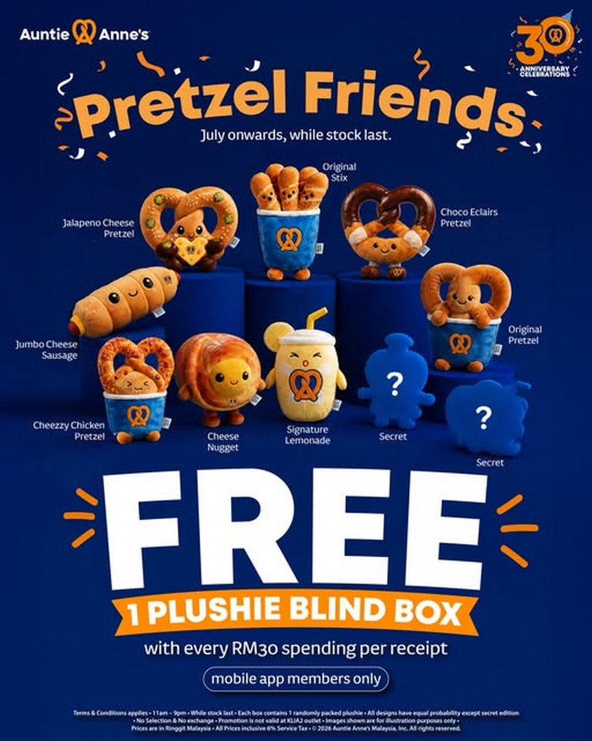Auntie-Annes-Malaysia-Promotion-to-Collect-Pretzel-Friends 21 July 2026 onwards: Auntie Anne's Malaysia: Promotion to Collect Pretzel Friends Plushie Blind Box with RM30 Purchase for Mobile App Members
