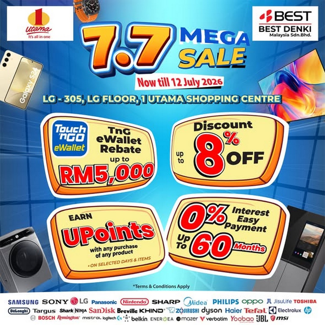 BEST-DENKI-Malaysia-7.7-Mega-Sale Now till 12 July 2026: BEST DENKI Malaysia 7.7 Mega Sale at 1 Utama – Enjoy Up to 80% Off, Touch 'n Go eWallet Rebates, 0% Easy Payment and More
