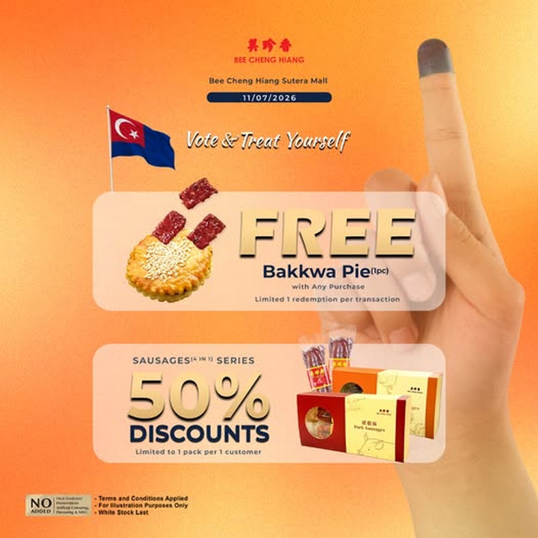 Bee-Cheng-Hiang-Malaysia-Special-Voting-Day-Promotion 11 July 2026: Bee Cheng Hiang Malaysia Special Voting Day Promotion at Sutera Mall – Free Bak Kwa Pie and 50% Off Sausages One-Day Sale Event