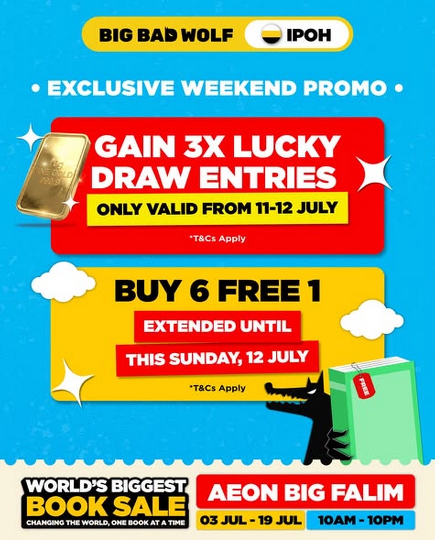 Big-Bad-Wolf-Books-Ipoh-Extended-Book-Sale-2 Now till 19 July 2026: Big Bad Wolf Books Ipoh Extended Book Sale Promotion at AEON BIG Falim with Lucky Draw, Buy 6 Free 1 Deals and Free Admission