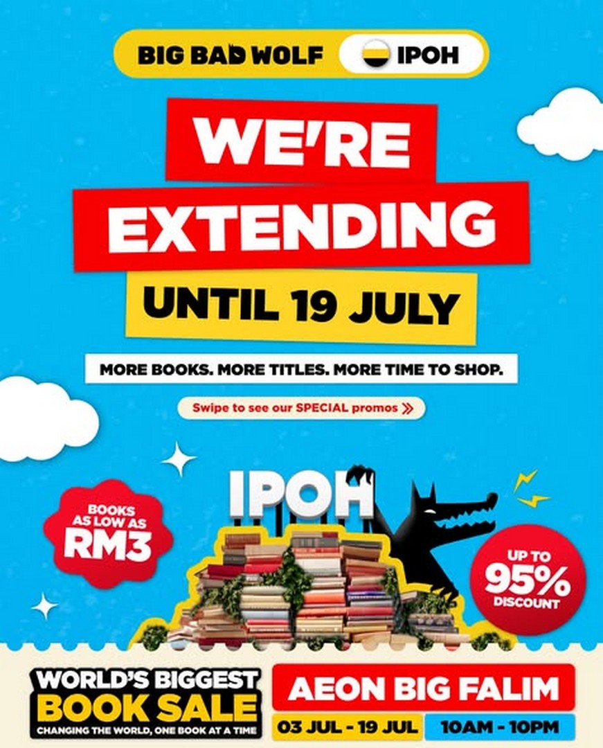 Big-Bad-Wolf-Books-Ipoh-Extended-Book-Sale Now till 19 July 2026: Big Bad Wolf Books Ipoh Extended Book Sale Promotion at AEON BIG Falim with Lucky Draw, Buy 6 Free 1 Deals and Free Admission