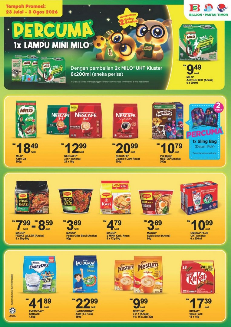 Billion-Pantai-Timor-Nestle-Promotion 23 July-3 August 2026: Billion & Pantai Timor Nestle Promotion: Get FREE Lampu Mini MILO With Selected Nestle Products Purchase