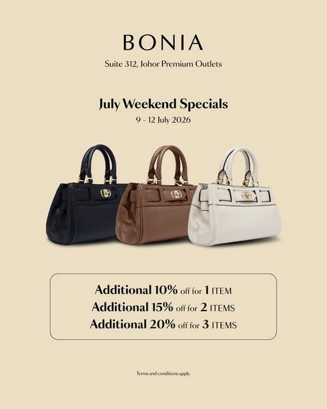 Bonia-Special-Sale-at-Johor-Premium-Outlets 9-12 July 2026: Bonia Special Sale at Johor Premium Outlets – Enjoy Up to 20% Extra Savings on Selected Fashion Items Promotion