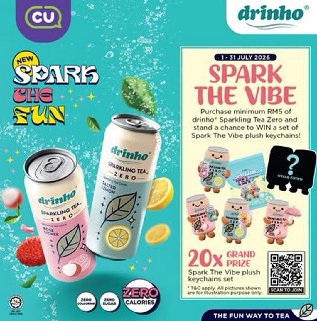 CU-Malaysia-drinho®-Sparkling-Tea-Zero-Promotion 1–31 July 2026: CU Malaysia drinho® Sparkling Tea Zero Promotion – Spend RM5 and Stand a Chance to Win Exclusive Spark The Vibe Plush Keychain Sets