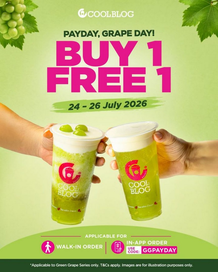 Coolblog-Buy-1-Free-1-Payday-Promotion 24-26 July 2026: Coolblog Buy 1 Free 1 Payday Promotion, Green Grape Series Drinks Offer with Promo Code GGPAYDAY