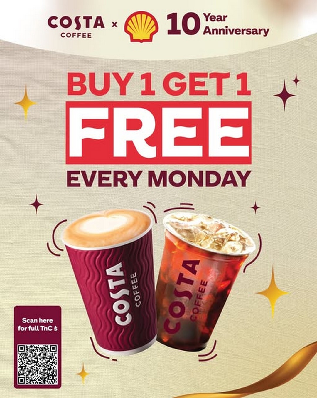 Costa-Coffee-Malaysia-10th-Anniversary-Buy-1-Free-1-Promotion 17 July 2026 onwards: Costa Coffee Malaysia 10th Anniversary Buy 1 Free 1 Promotion at Shell Stores – Monday Coffee Deal You Shouldn't Miss
