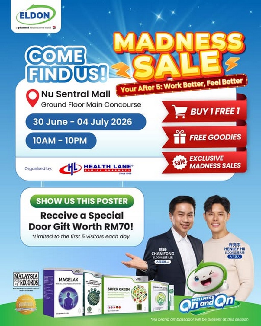 Eldon-Healthcare-Malaysia-Health-Lane-Madness-Sale 30 June – 4 July 2026: Eldon Healthcare Malaysia Health Lane Madness Sale at NU Sentral – Buy 1 Free 1 Promotion, RM70 Door Gift, Exclusive Wellness Deals and Free Gifts