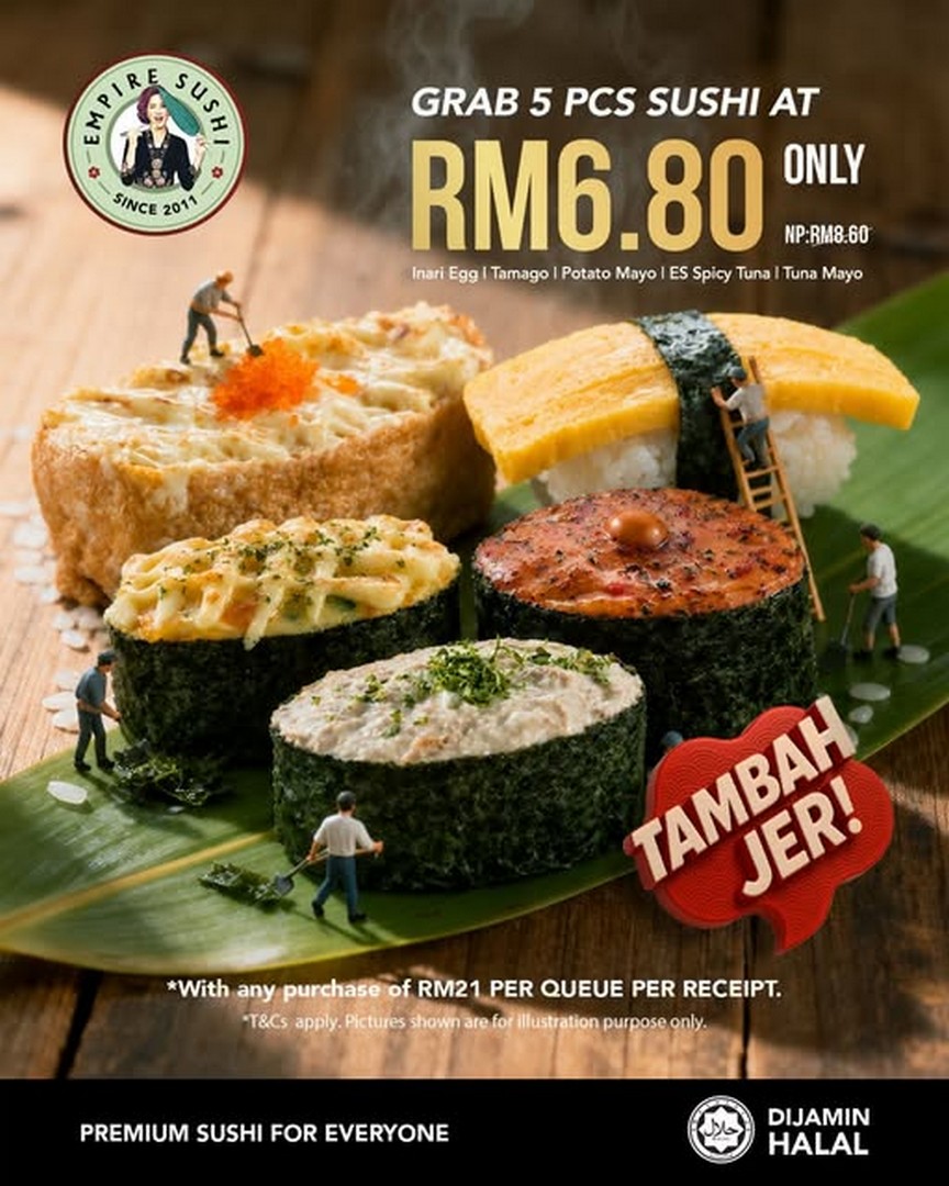 Empire-Sushi-RM6.80-5-Piece-Sushi-Add-On-Promotion 3 July 2026 onwards: Empire Sushi RM6.80 5-Piece Sushi Add-On Promotion – Spend RM21 and Enjoy Five Popular Sushi Favourites at a Special Price Nationwide