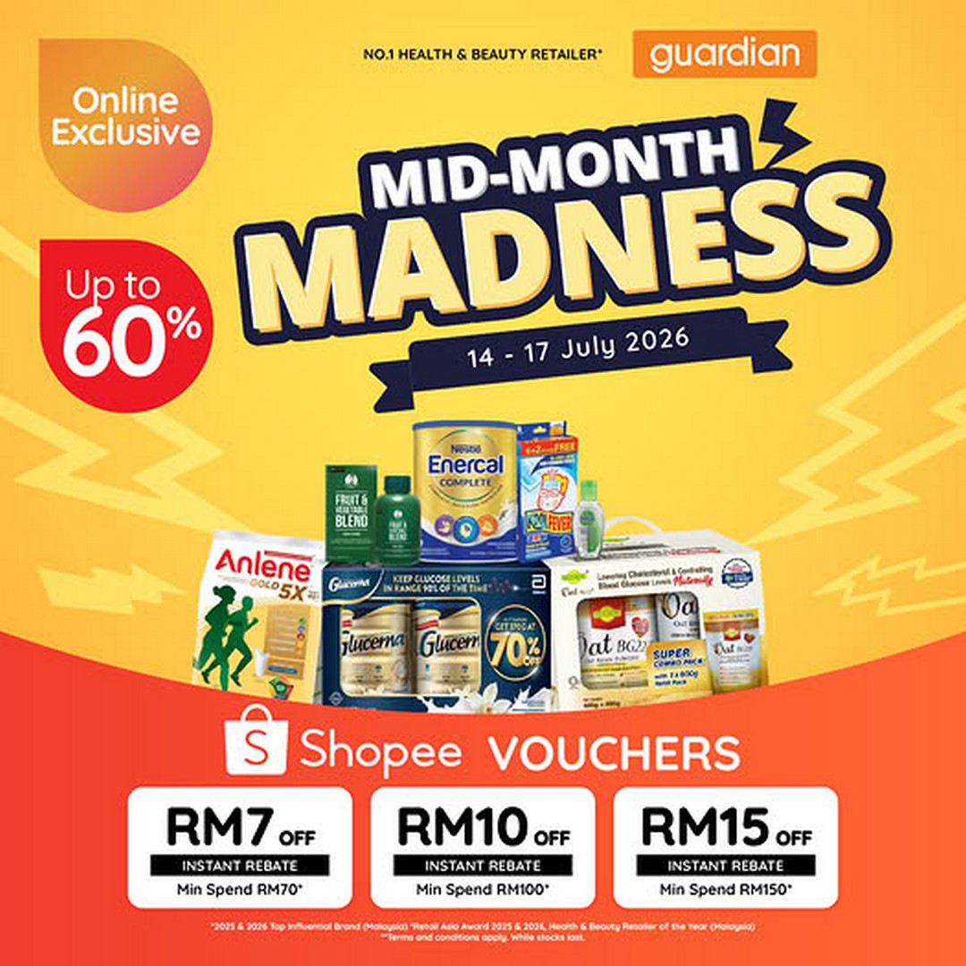 Guardian-Malaysia-x-Shopee-Mid-Month-Madness-Promotion 14–17 July 2026: Guardian Malaysia x Shopee Mid-Month Madness Promotion – Save Up to 60% OFF with Instant Rebates up to RM15 on Health & Daily Essentials