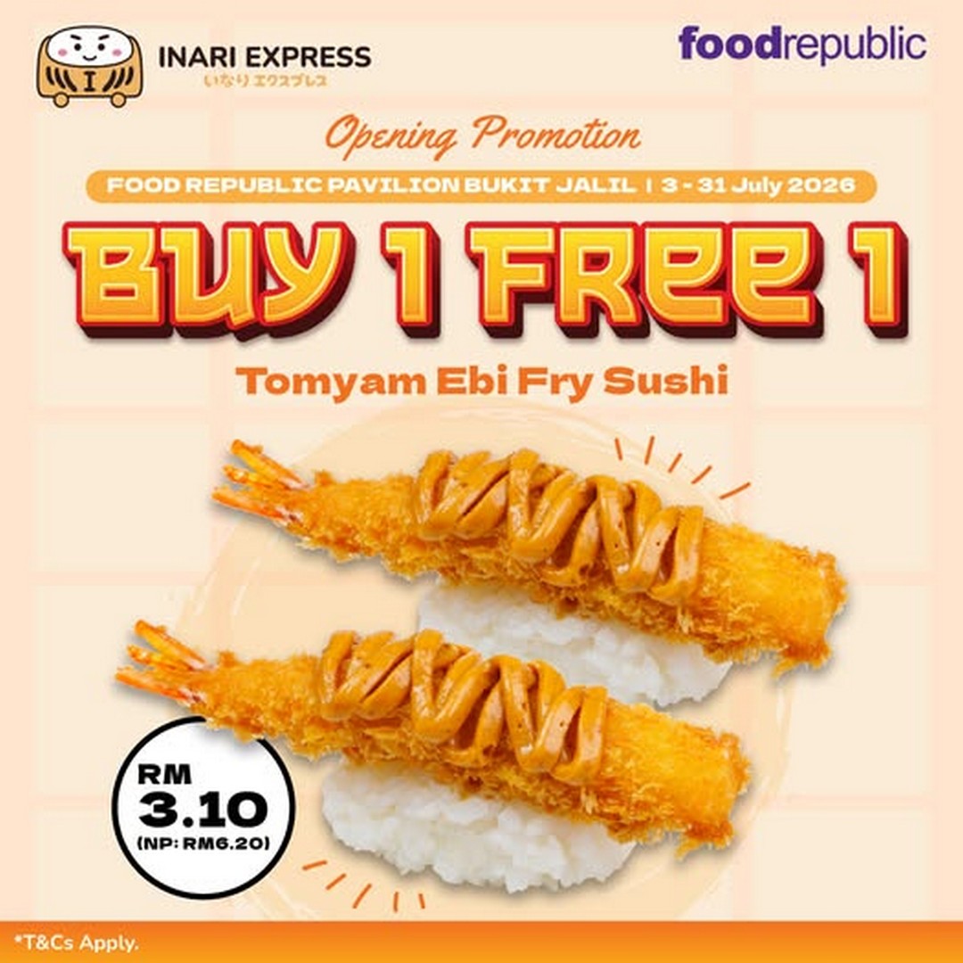 Inari-Express-Grand-Opening-Promotion-at-Food-Republic-Pavilion-Bukit-Jalil 3-31 July 2026: Inari Express Grand Opening Promotion at Food Republic Pavilion Bukit Jalil – Buy 1 Free 1 Tomyam Ebi Fry Sushi for Only RM3.10
