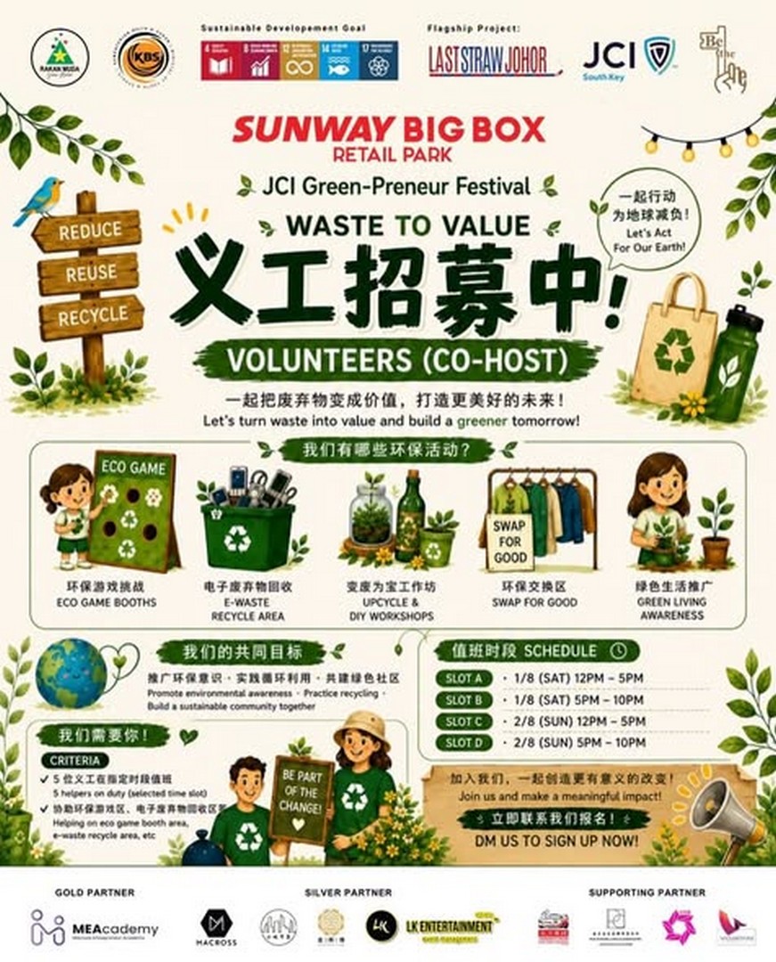 JCI-South-Key-Green-Preneur-Festival-2026-Waste-to-Value-2.0-Event 31 July–2 August 2026: JCI South Key Green-Preneur Festival 2026 Waste to Value 2.0 Event at Sunway Big Box – Free Eco Activities, Workshops and Family Fun in Johor