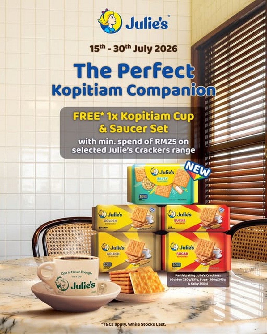 Julies-Biscuits-FREE-Kopitiam-Cup-Saucer-Set-Promotion 15-30 July 2026: Julie's Biscuits FREE Kopitiam Cup & Saucer Set Promotion – Spend RM25 on Selected Crackers and Receive a Limited-Time Gift