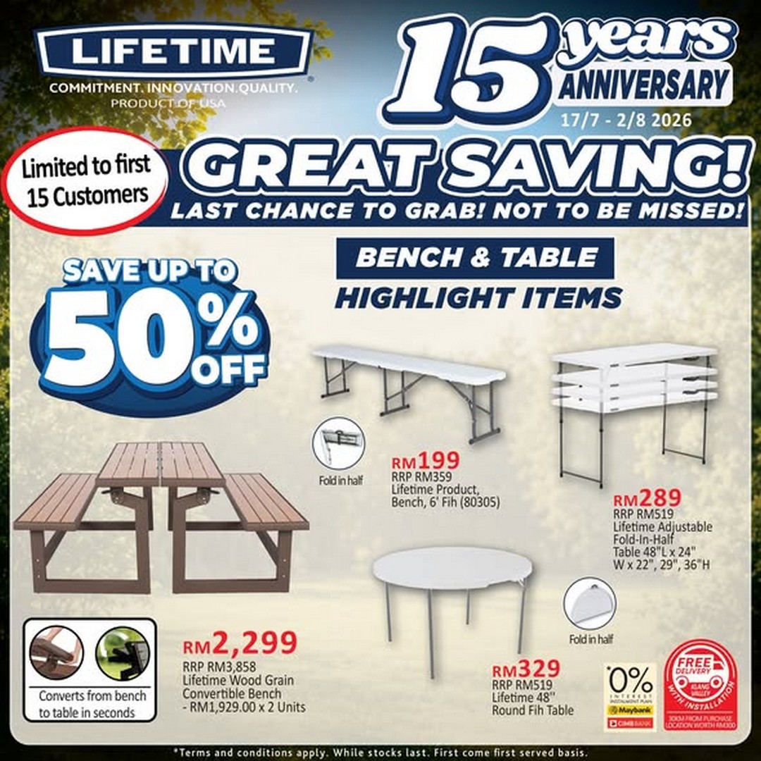 Kitchen-Shop-Lifetime-15th-Anniversary-Sale 17 July-2 August 2026: Kitchen Shop: Lifetime 15th Anniversary Sale Promotion with Up To 50% Off Furniture, Playground Sets & Garden Sheds