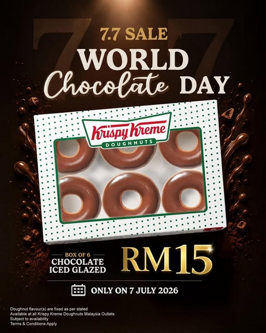 Krispy-Kreme-Malaysia-7.7-World-Chocolate-Day-Promotion 7 July 2026: Krispy Kreme Malaysia 7.7 World Chocolate Day Promotion – Box of 6 Chocolate Iced Glazed Doughnuts for Only RM15