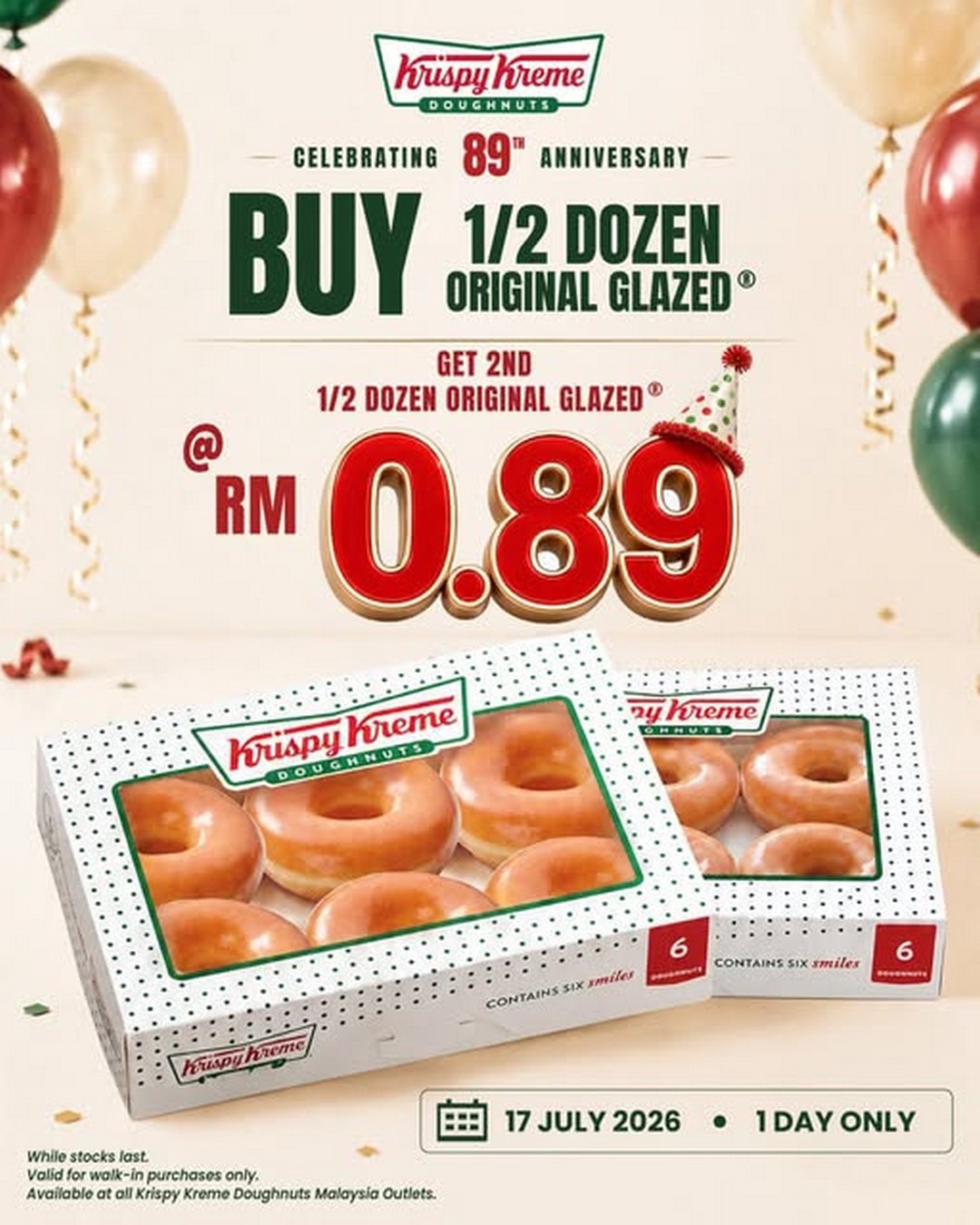 Krispy-Kreme-Malaysia-89th-Anniversary-Promotion 17 July 2026: Krispy Kreme Malaysia 89th Anniversary Promotion – Buy a Half Dozen Original Glazed and Get the 2nd Half Dozen for Only RM0.89 One-Day Sale