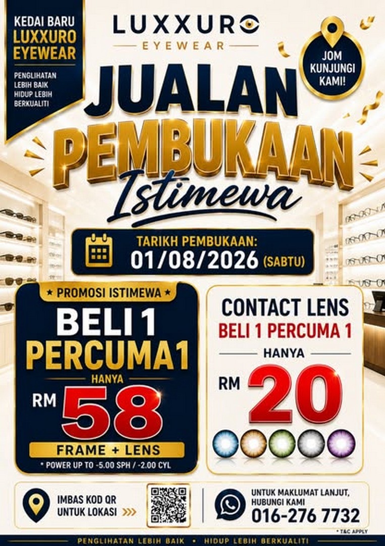 Luxxuro-Eyewear-Grand-Opening-Promotion 1 August 2026: Luxxuro Eyewear: Grand Opening Promotion With Buy 1 Free 1 Offer, RM58 Frame & Lens Deal and Up To 60% Off Branded Frames