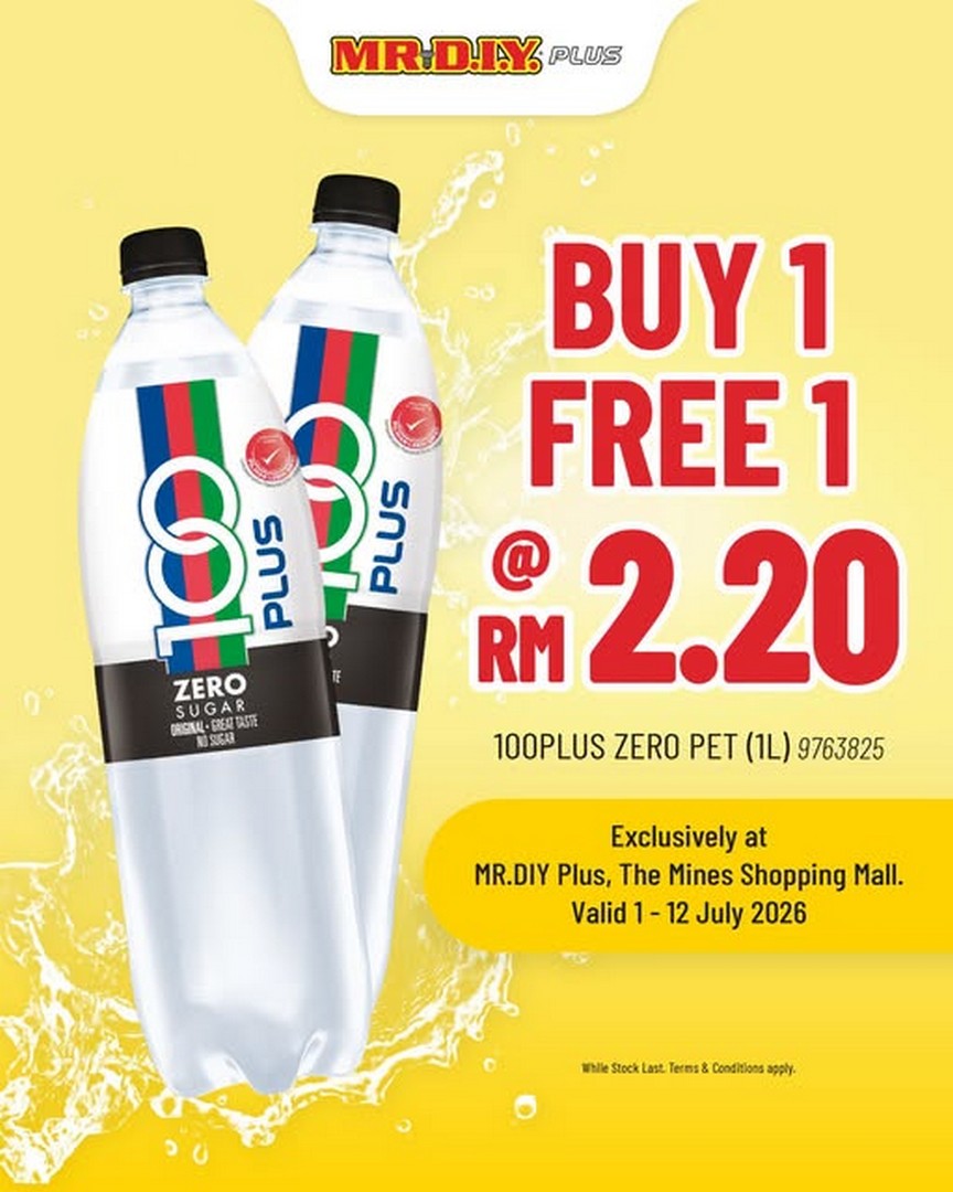 MR.DIY-PLUS-Malaysia-100PLUS-ZERO-Buy-1-Free-1-Promotion 1–12 July 2026: MR.DIY PLUS Malaysia 100PLUS ZERO Buy 1 Free 1 Promotion at The Mines Shopping Mall – Enjoy Double the Refreshment for Only RM2.20