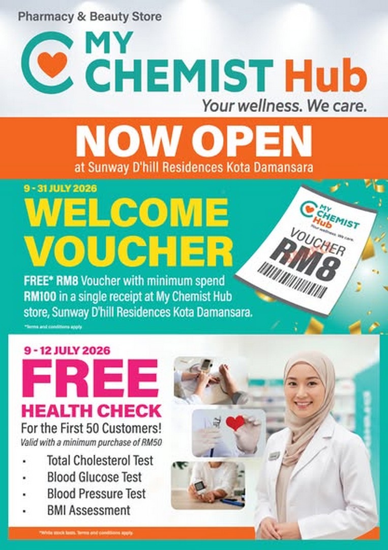 MY-Chemist-Hub-Sunway-dHill-Residences-Kota-Damansara-Grand-Opening 9-12 July 2026: MY Chemist Hub Sunway d'Hill Residences Kota Damansara Grand Opening Promotion – Free RM8 Welcome Voucher, RM1 Deals & Free Health Check Event