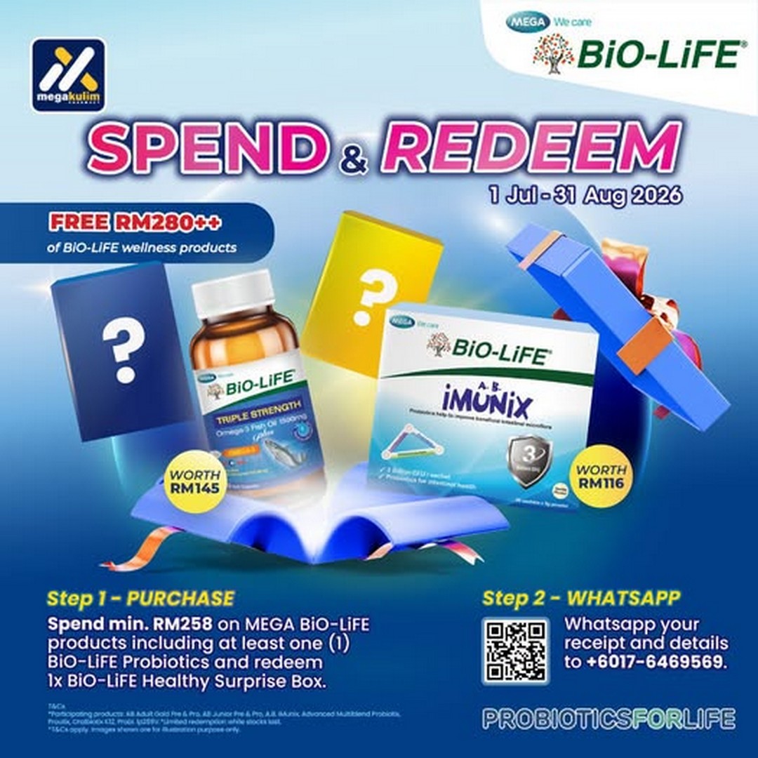 Mega-Kulim-Pharmacy-Bio-Life-Spend-Redeem-Promotion 1 July – 31 August 2026: Mega Kulim Pharmacy Bio-Life Spend & Redeem Promotion – Receive Healthy Surprise Box Worth Up to RM145 with Eligible Purchase