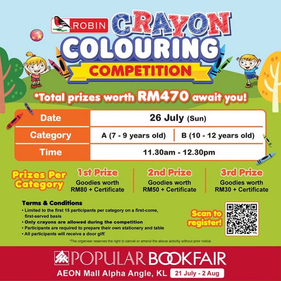 Popular-Book-Bookfair-at-AEON-Mall-Alpha-Angle-KL 25 July–2 August 2026: Popular Book Bookfair at AEON Mall Alpha Angle KL – Children's Colouring Activities, Crayon Competition and Family Bookfair Event