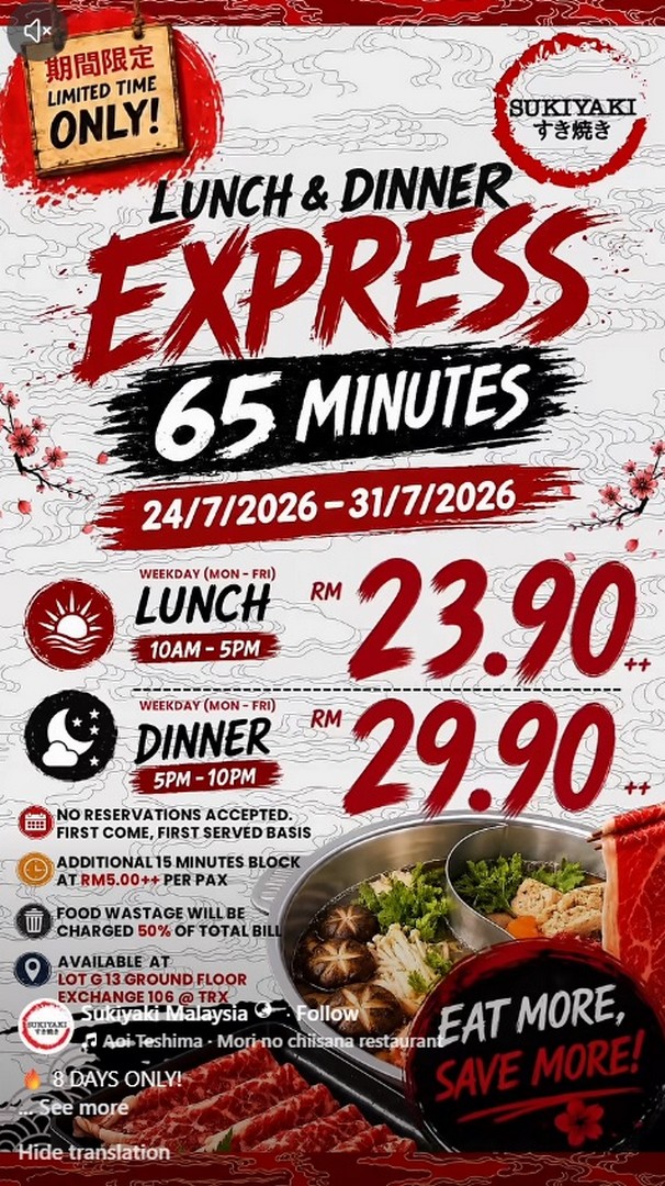 Sukiyaki-Malaysia-Unlimited-Japanese-Buffet-Promotion 24-31 July 2026: Sukiyaki Malaysia Unlimited Japanese Buffet Promotion at The Exchange TRX From RM23.90++ for 8 Days Only
