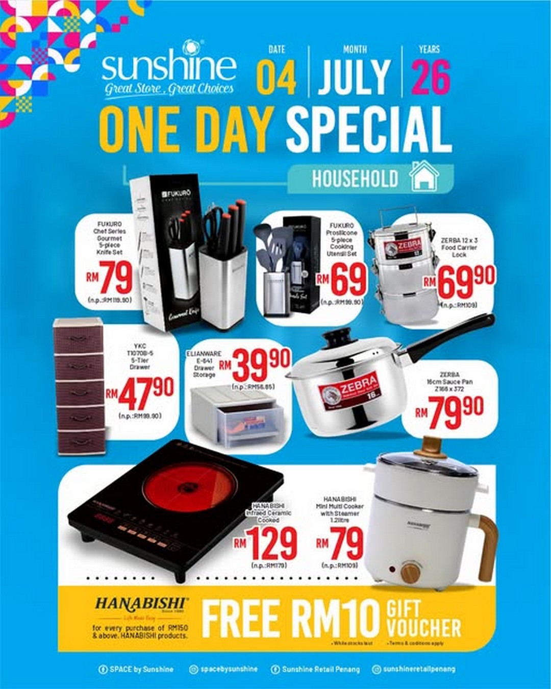 Sunshine-Retail-Penang-One-Day-Household-Essentials-Promotion 4 July 2026: Sunshine Retail Penang One-Day Household Essentials Promotion with Hanabishi, Fukuro and Zebra Deals from RM39.90 at Sunshine Hypermarket