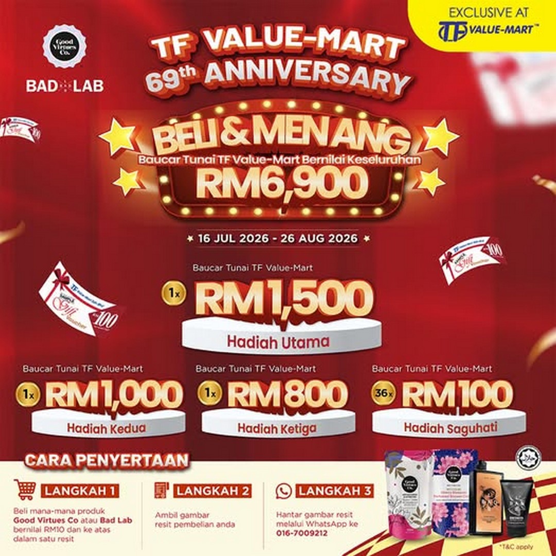 TF-Value-Mart-Malaysia-69th-Anniversary-Good-Virtues 16 July–26 August 2026: TF Value-Mart Malaysia 69th Anniversary Good Virtues Co & Bad Lab Purchase and Win Giveaway Promotion – Win RM6,900 Cash Vouchers at All TF Value-Mart Stores