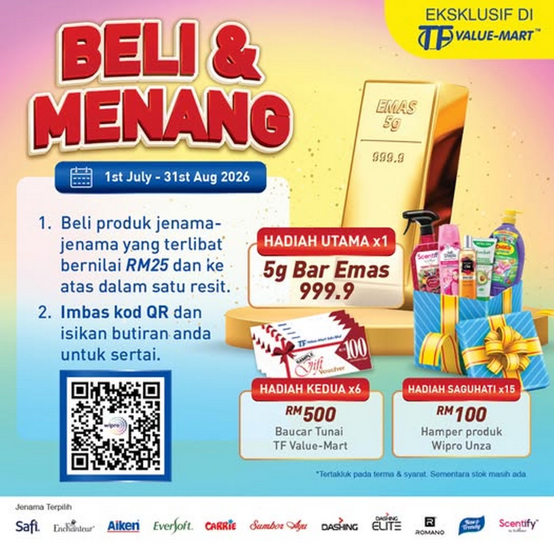 TF-Value-Mart-Malaysia-Wipro-Unza-Buy-Win-Contest-Promotion 1 July – 31 August 2026: TF Value-Mart Malaysia Wipro Unza Buy & Win Contest Promotion – Spend RM25 and Stand a Chance to Win a 5g Gold Bar