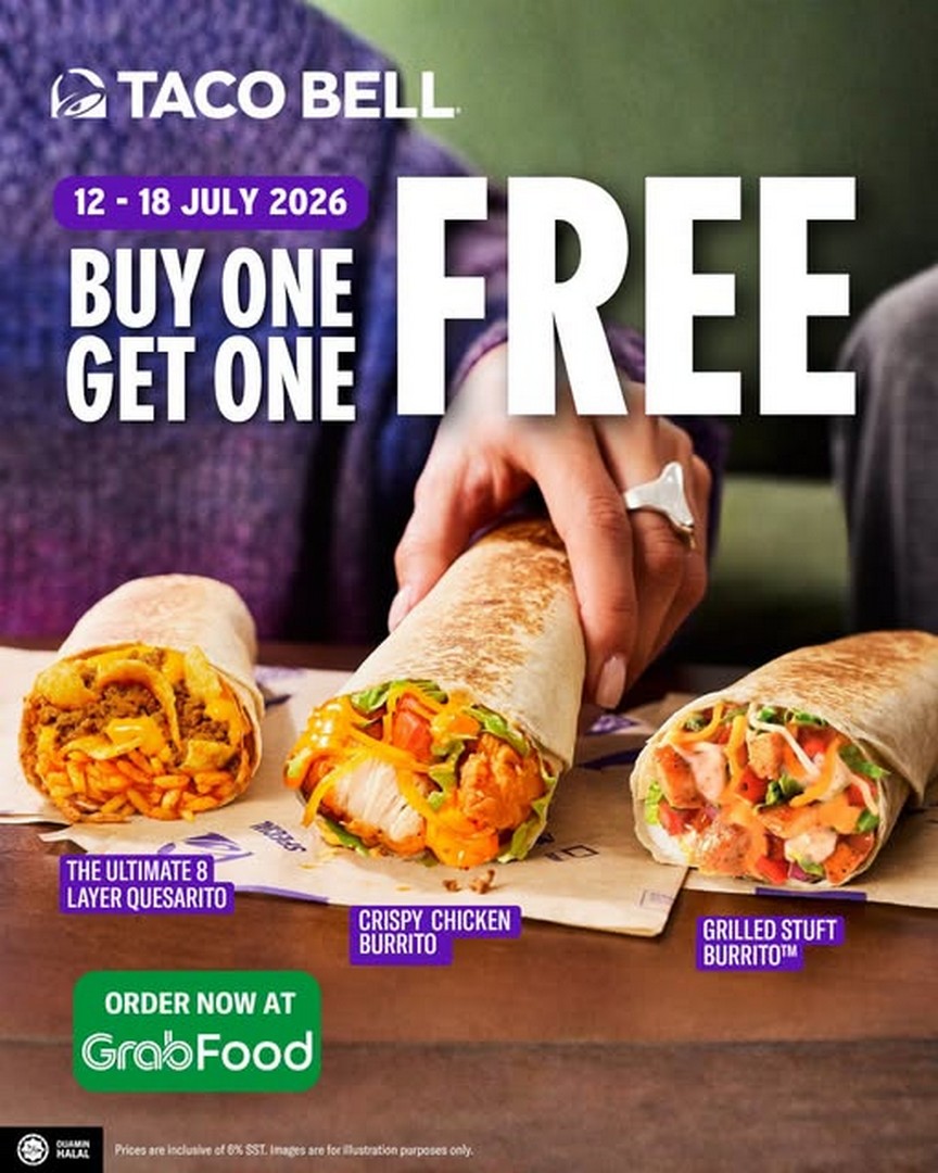 Taco-Bell-Malaysia-Buy-1-Free-1-Burrito-Promotion-on-GrabFood 12-18 July 2026: Taco Bell Malaysia Buy 1 Free 1 Burrito Promotion on GrabFood – Enjoy Double the Burritos for the Price of One