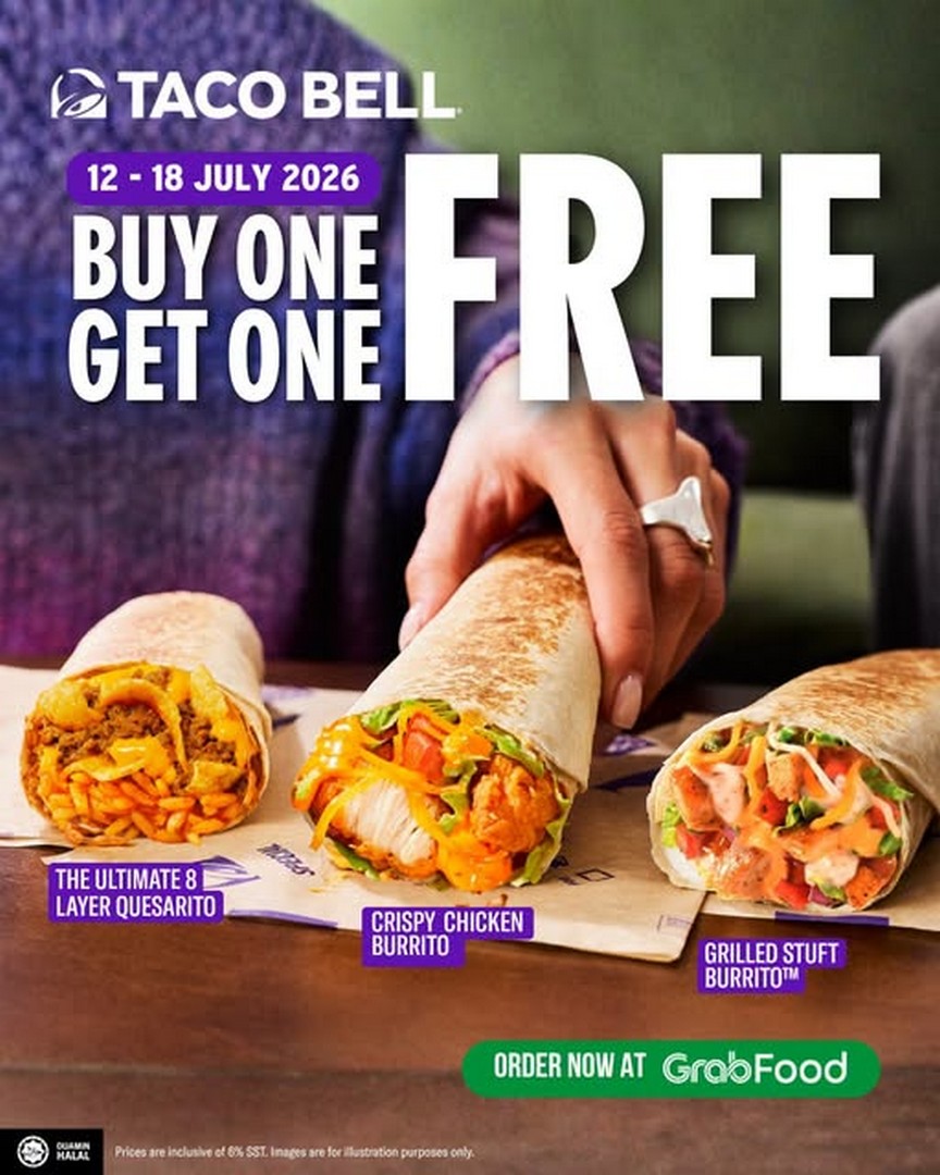 Taco-Bell-Malaysia-Buy-1-Free-1-Promotion 12-18 July 2026: Taco Bell Malaysia Buy 1 Free 1 Promotion – Enjoy Double The Ultimate 8 Layer Quesarito Exclusive on GrabFood