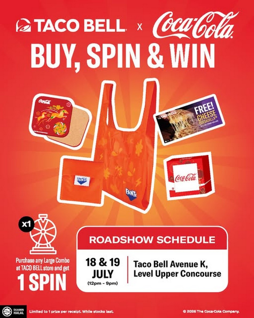 Taco-Bell-Malaysia-Buy-Spin-Win-Promotion-at-Avenue-K 18-19 July 2026: Taco Bell Malaysia Buy, Spin & Win Promotion at Avenue K – Purchase Any Large Combo and Stand a Chance to Win Exclusive Coca-Cola Merchandise and Free Cheese Quesadilla
