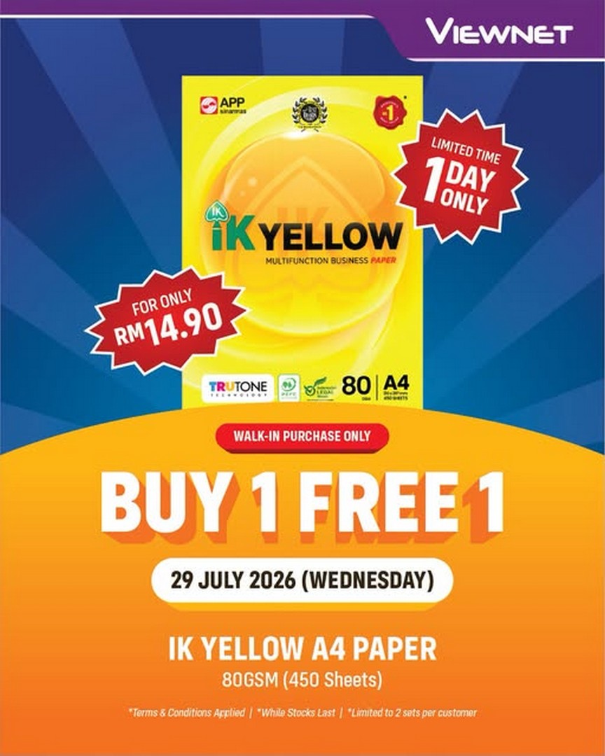 Viewnet-Computer-System-One-Day-Only-Buy-1-Free-1-Promotion 29 July 2026: Viewnet Computer System: One Day Only Buy 1 Free 1 Promotion on IK Yellow A4 Paper Office Essentials at Plaza Low Yat Kuala Lumpur