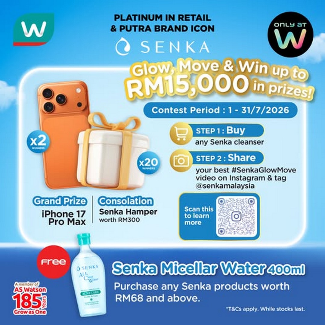 Watsons-Malaysia-Senka-Glow-Move-Contest-Promotion 1 – 31 July 2026: Watsons Malaysia Senka Glow Move Contest Promotion – Win an iPhone 17 Pro Max and RM15,000 Worth of Amazing Prizes