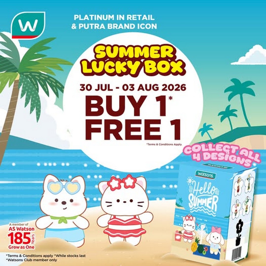 Watsons-Malaysia-Summer-Lucky-Box-Buy-1-Free-1-Promotion 30 July-3 August 2026: Watsons Malaysia: Summer Lucky Box Buy 1 Free 1 Promotion With Holiday Package Giveaway Event