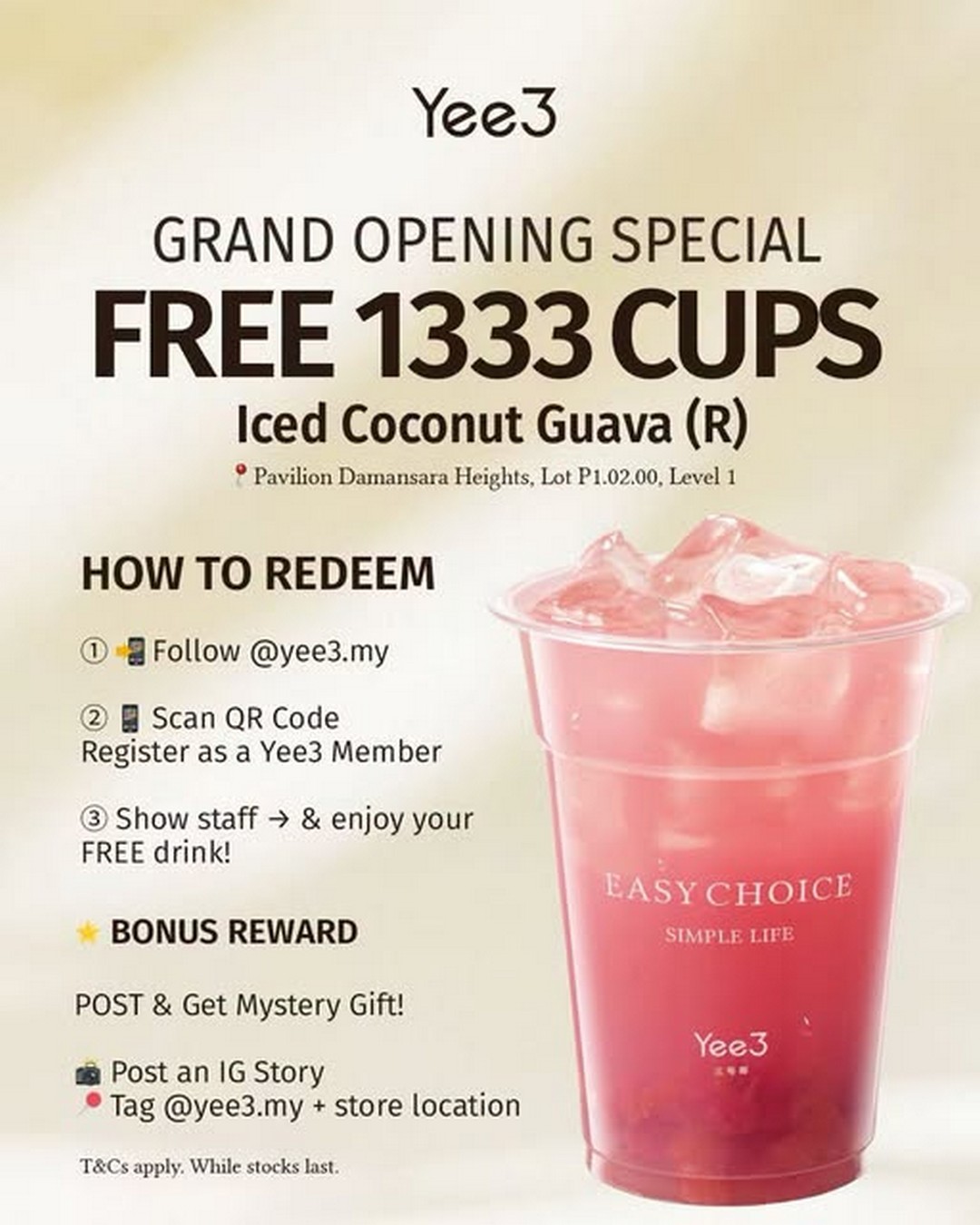Yee3-Grand-Opening-FREE-1333-Iced-Coconut-Guava-Drinks-Giveaway 4 July 2026: Yee3 Grand Opening FREE 1,333 Iced Coconut Guava Drinks Giveaway at Pavilion Damansara Heights Promotion