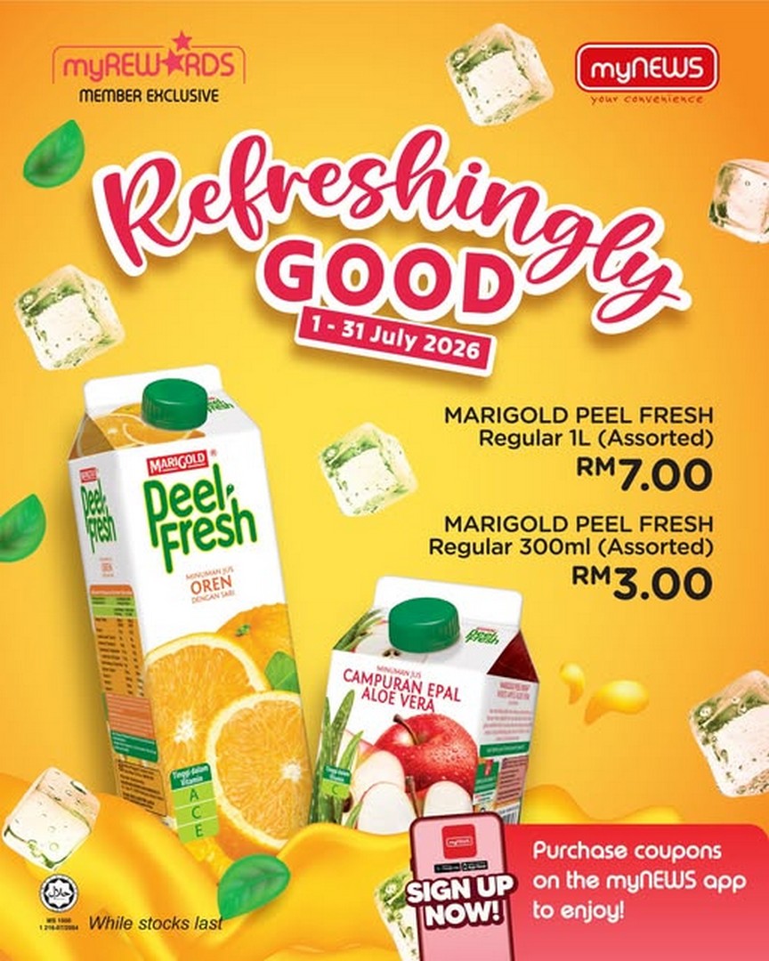 myNEWS-Malaysia-MARIGOLD-PEEL-FRESH-Member-Promotion 1–31 July 2026: myNEWS Malaysia MARIGOLD PEEL FRESH Member Promotion – Enjoy Refreshing Drinks from Only RM3 with myREWARDS