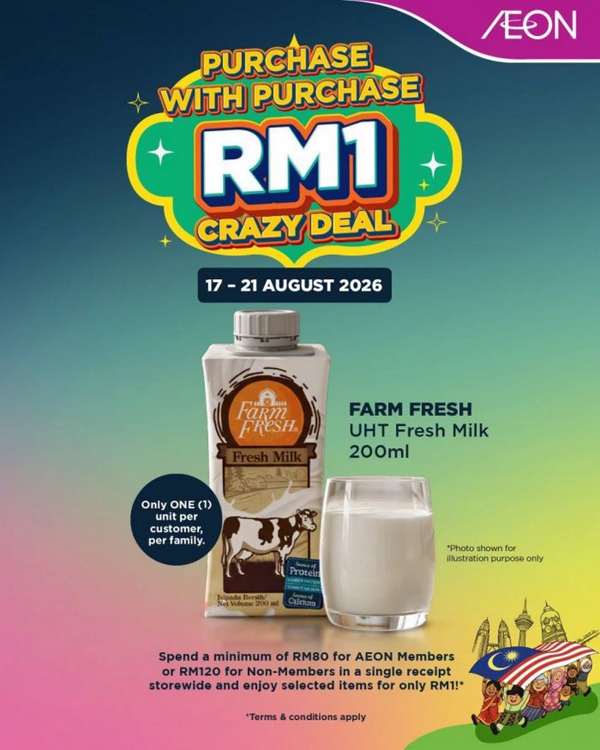 AEON-Malaysia-RM1-Crazy-Deal-on-Farm-Fresh-UHT-Fresh-Milk 17-21 August 2026: AEON Malaysia: RM1 Crazy Deal on Farm Fresh UHT Fresh Milk with Purchase: Grocery Promotion
