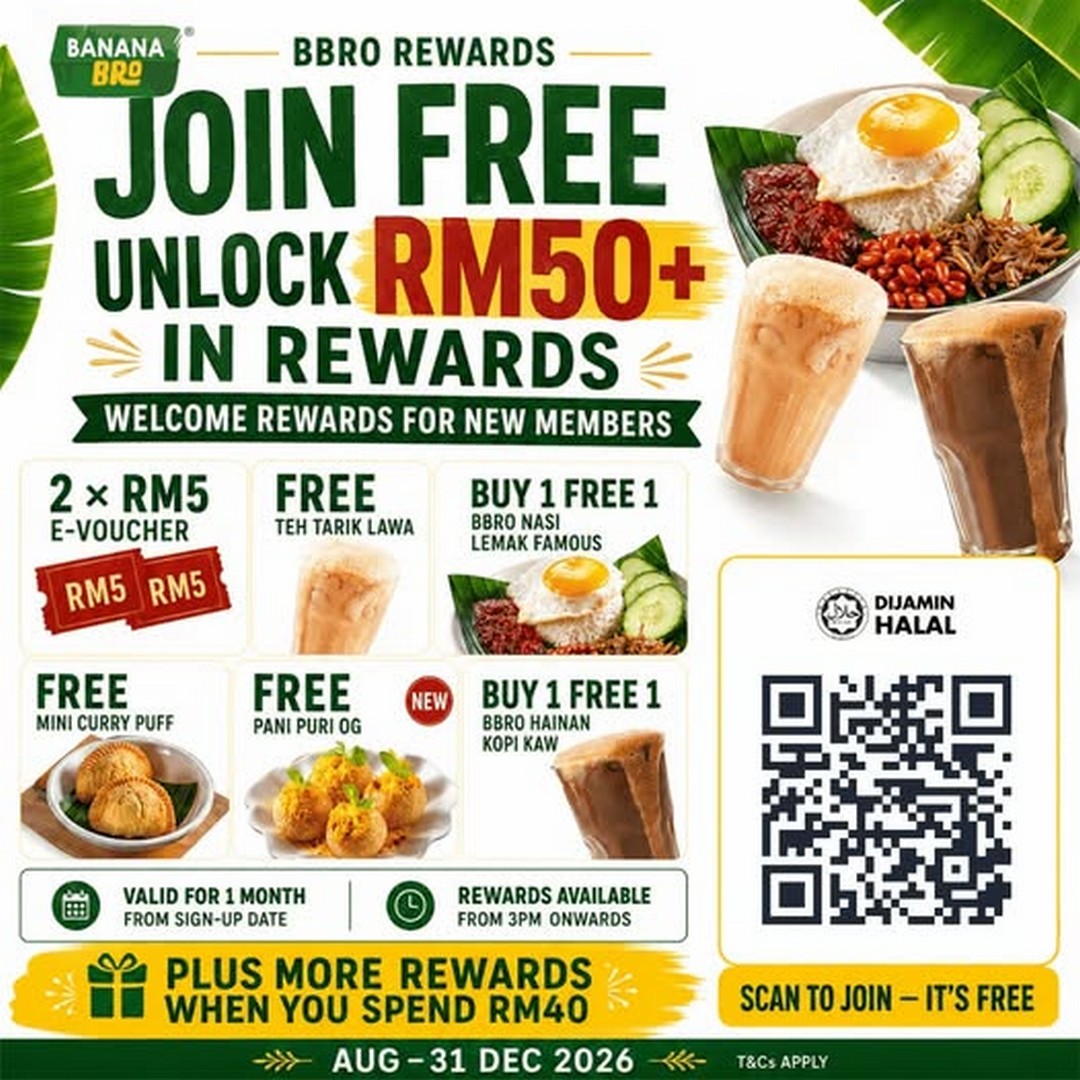 Bananabro-BBro-Rewards-Promotion 1August-31 December 2026: Bananabro BBro Rewards Promotion, Get RM50+ Worth of Welcome Rewards, Free Food and Buy 1 Free 1 Deals