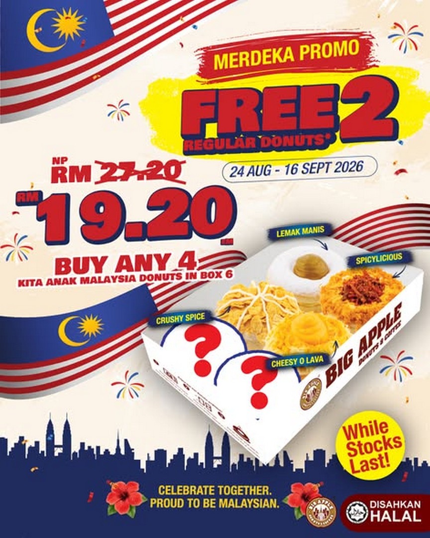 Big-Apple-Donuts-Coffee-Buy-Any-4-Donuts-1 24 August-16 September 2026: Big Apple Donuts & Coffee: Buy Any 4 Donuts and Get 2 Regular Donuts Free Merdeka Promotion