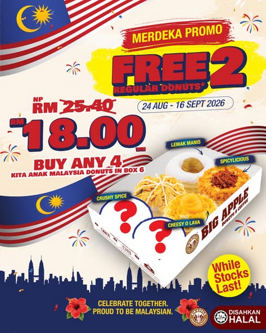 Big-Apple-Donuts-Coffee-Buy-Any-4-Donuts 24 August-16 September 2026: Big Apple Donuts & Coffee: Buy Any 4 Donuts and Get 2 Regular Donuts Free Merdeka Promotion