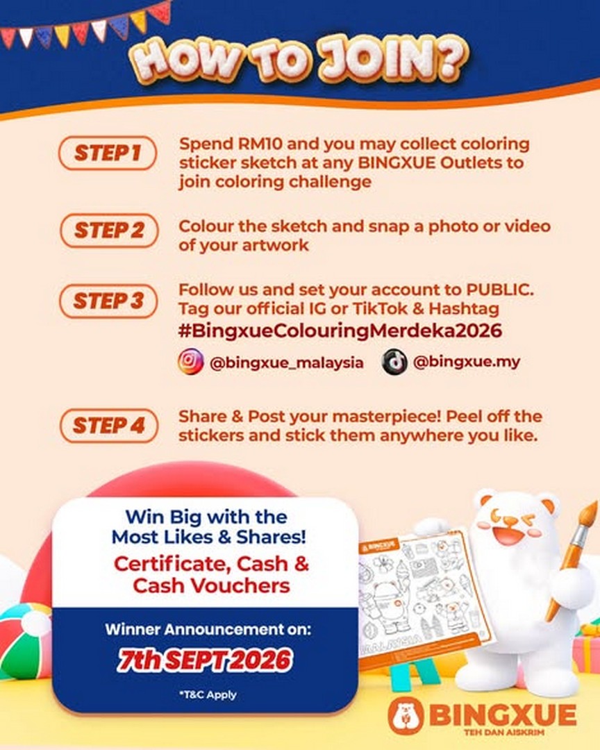 Bingxue-Malaysia-69th-Merdeka-Sticker-Colouring-Competition-2026-2 13-31 August 2026: Bingxue Malaysia: 69th Merdeka Sticker Colouring Competition 2026 with RM10,000 in Prizes