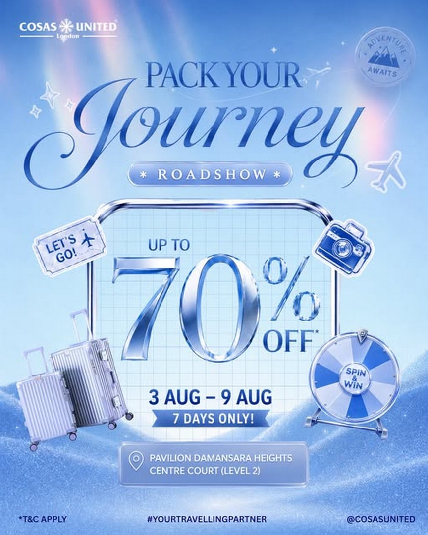 Cosas-United-Pack-Your-Journey-Travel-Sale-at-Pavilion-Damansara-Heights 3-9 August 2026: Cosas United Pack Your Journey Travel Sale at Pavilion Damansara Heights – Up to 70% OFF Luggage, Free Gifts & Travel Accessories Promotion