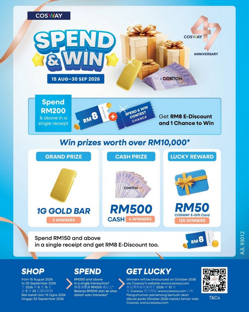 Cosway-47th-Anniversary-Spend-Win-Promotion 15 August-30 September 2026: Cosway: 47th Anniversary Spend & Win Promotion with RM8 E-Discount, Gold Bar and Cash Prizes