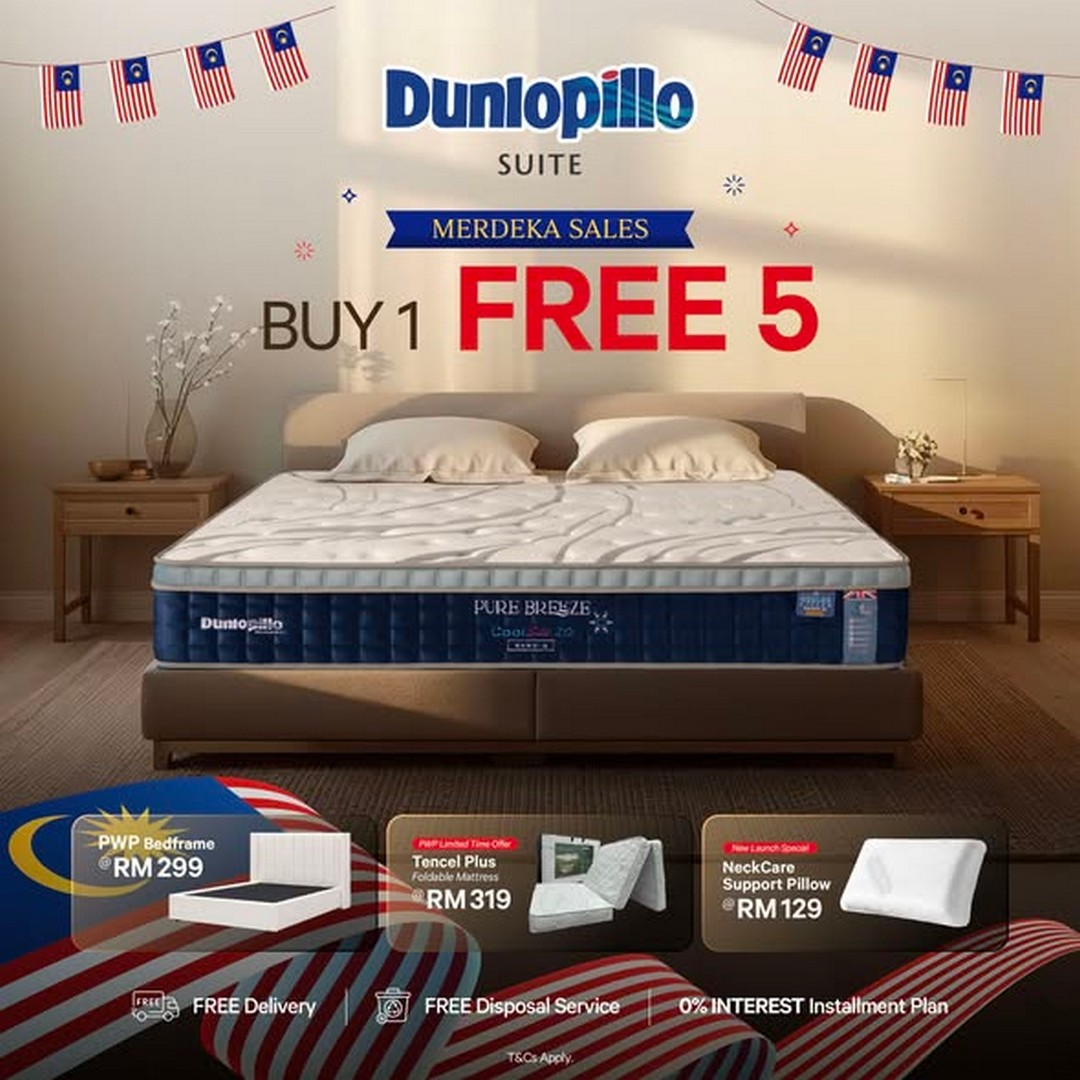 Dunlopillo-Malaysia-Merdeka-Sale 10 August 2026 onwards: Dunlopillo Malaysia Merdeka Sale – Bedsets from RM1,399, Pillows from RM25, Free Bedframe, Mattress, Pillows, Delivery & Disposal