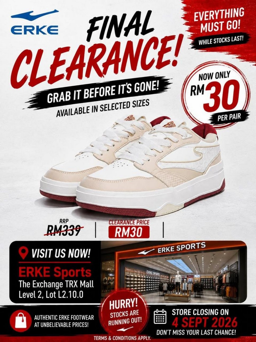 ERKE-Sports-Final-Clearance-Sale-at-The-Exchange-TRX 22 August-4 September 2026: ERKE Sports: Final Clearance Sale at The Exchange TRX with Sneakers from RM339 to Just RM30 a Pair