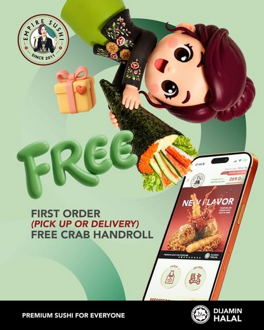 Empire-Sushi-Free-Crab-Handroll-With-First-Order 24 August 2026 onwards: Empire Sushi: Free Crab Handroll With First Order Via Empire Sushi App: Promotion