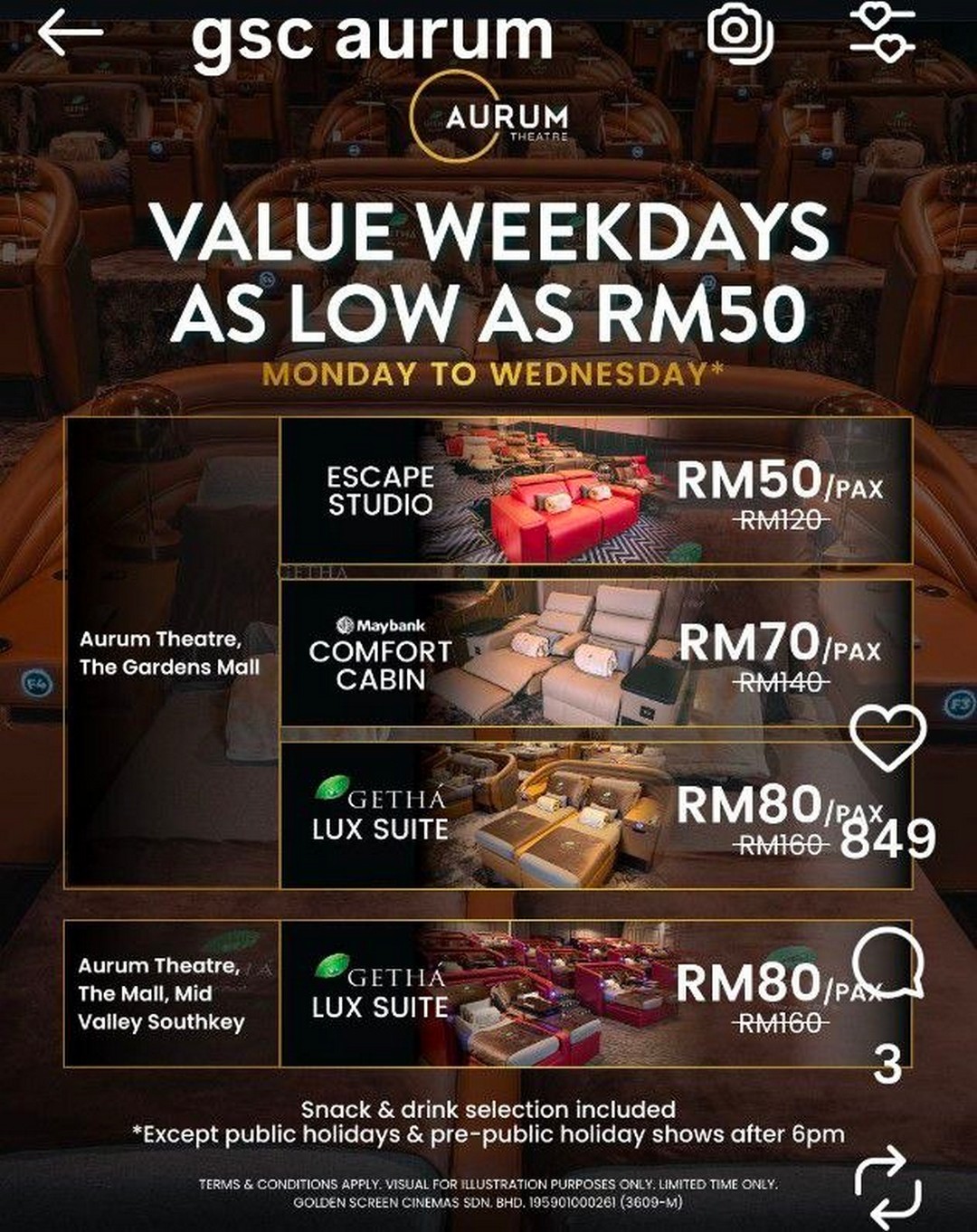 GSC-Aurum-Theatre-Value-Weekdays-Promotion 21 August 2026 onwards: GSC Aurum Theatre Value Weekdays Promotion – Movie Tickets From RM50 With Food and Drink Included