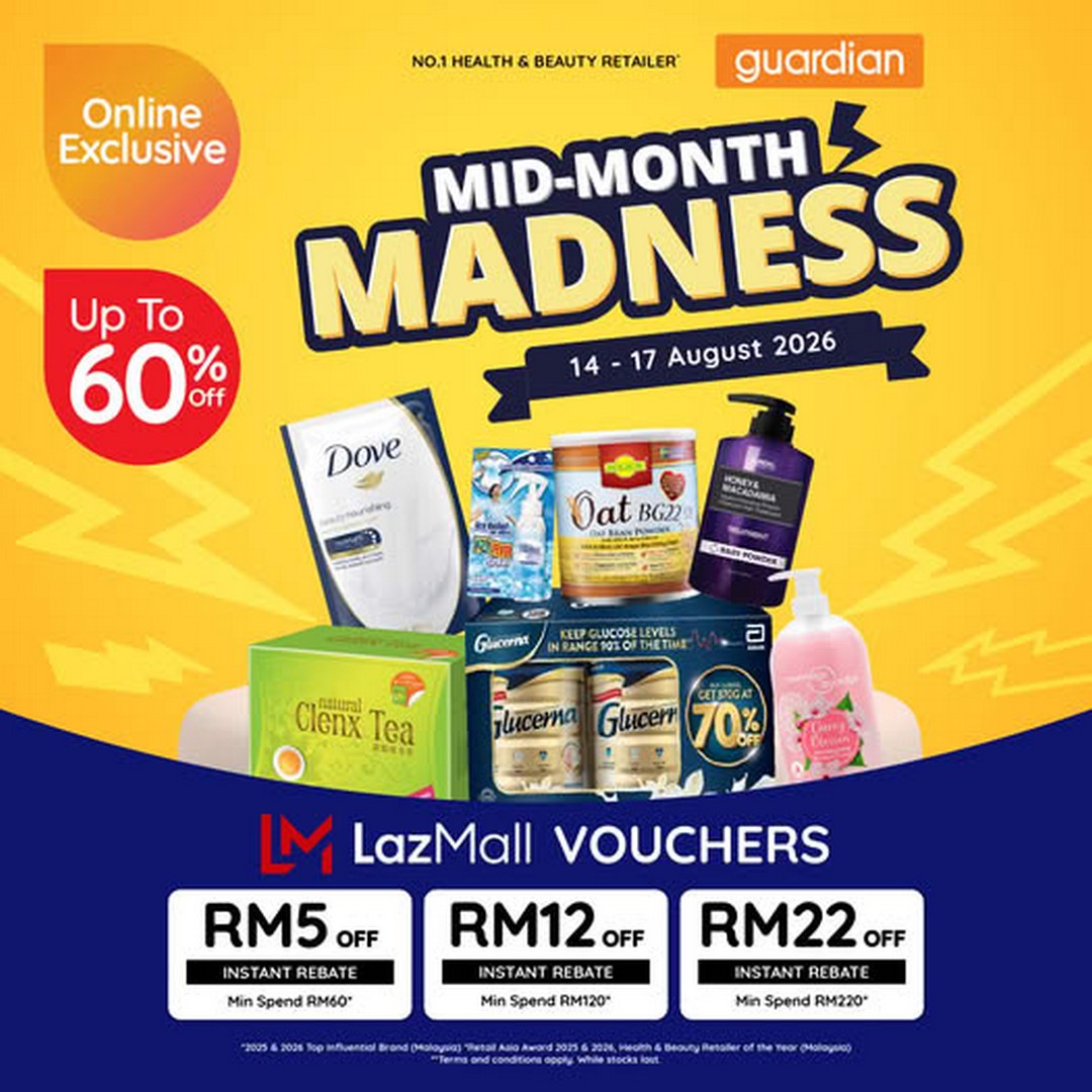 Guardian-Malaysia-Up-to-60-OFF-and-RM22-Instant-Rebate 14-17 August 2026: Guardian Malaysia: Up to 60% OFF and RM22 Instant Rebate Mid-Month Deals on Lazada – Sale Promotion